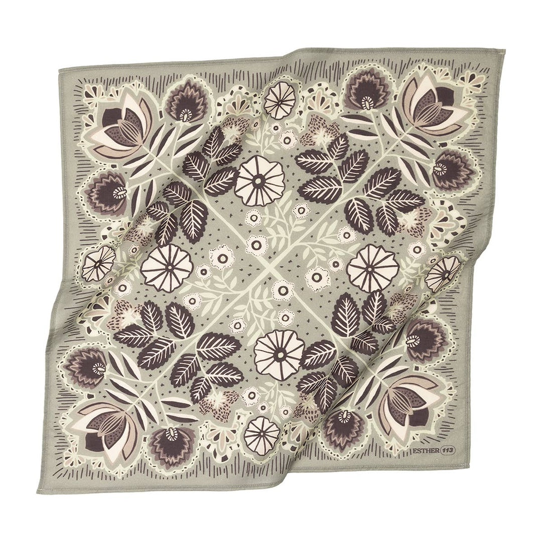 gray bandana with a floral pattern on a white background