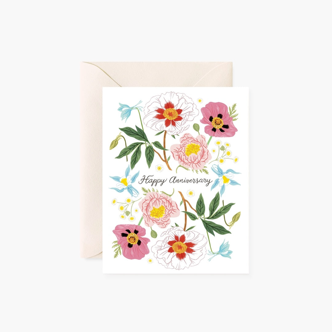 Greeting card with floral design and 'Happy Anniversary' text on a white background