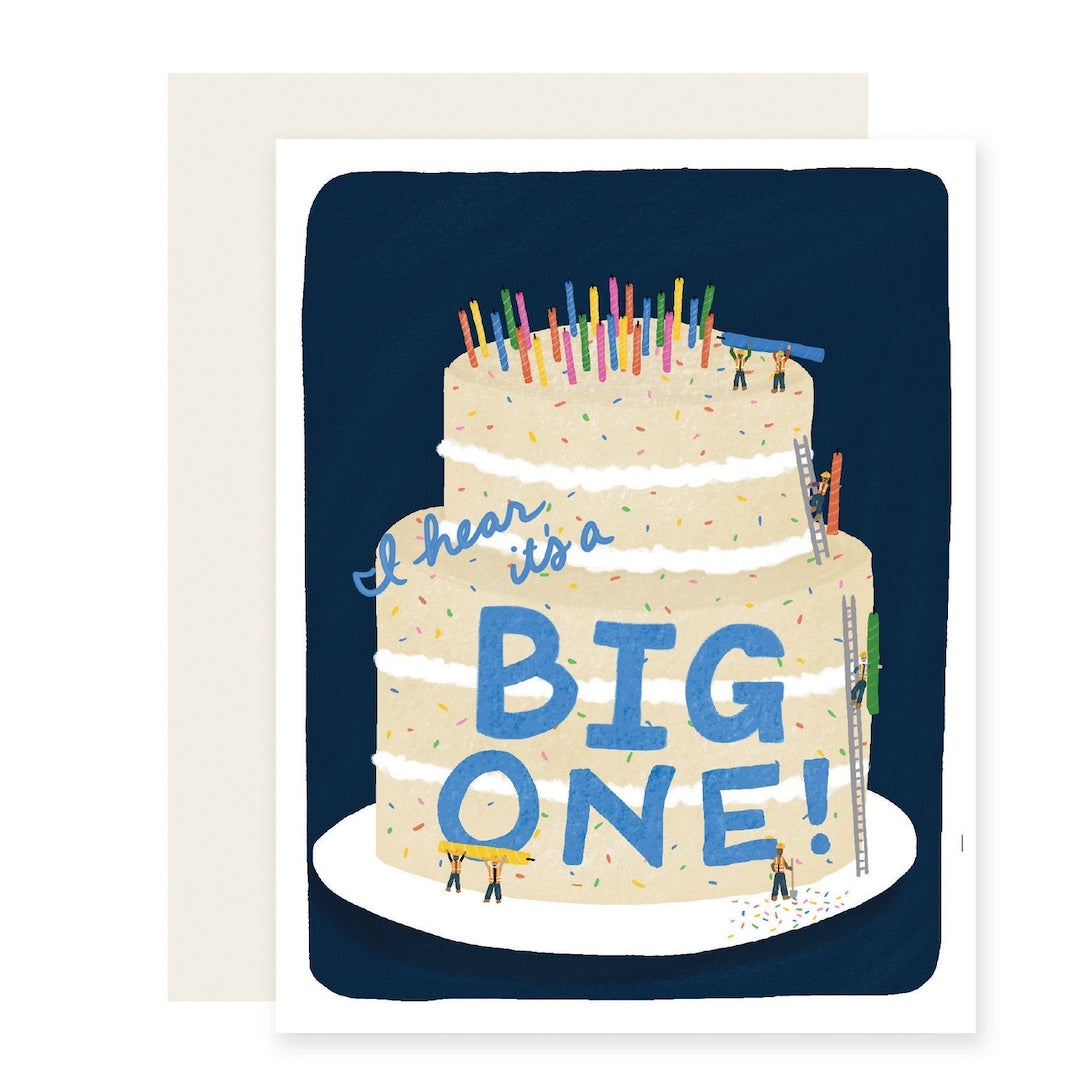 Illustration of a birthday cake with colorful candles and text on a blue background. Text on the card says "I hear it's a big one"