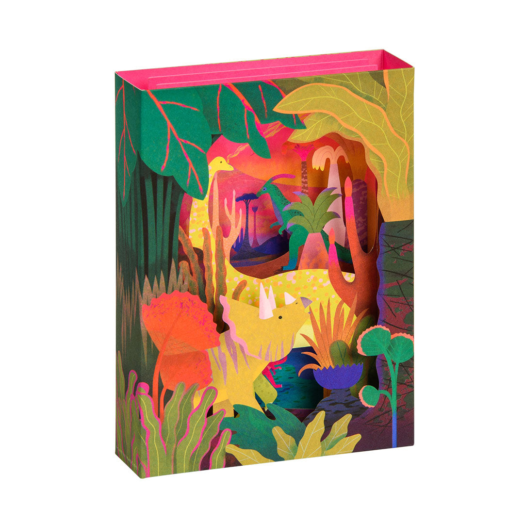 Colorful 3D greeting card with a jungle scene design featuring dinosaurs and plants.