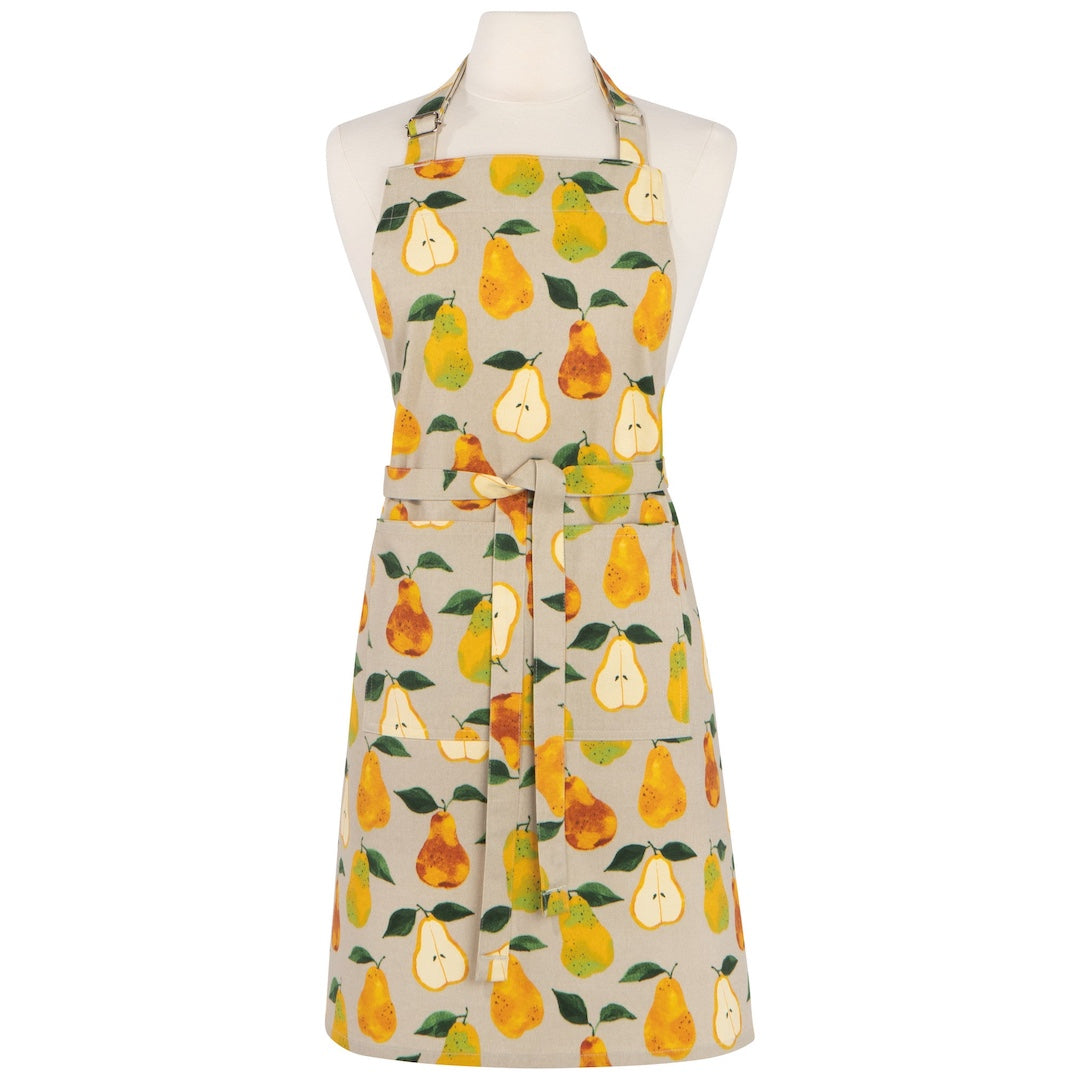 A sleeveless apron with a watercolor pear print on a light beige background, displayed on a white mannequin torso against a plain white background.