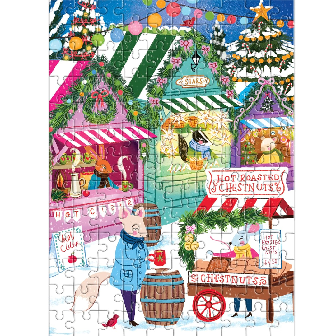 A completed jigsaw puzzle showing a whimsical winter market scene with colorful stalls, decorated Christmas trees, and cartoon animals in a snowy outdoor setting.