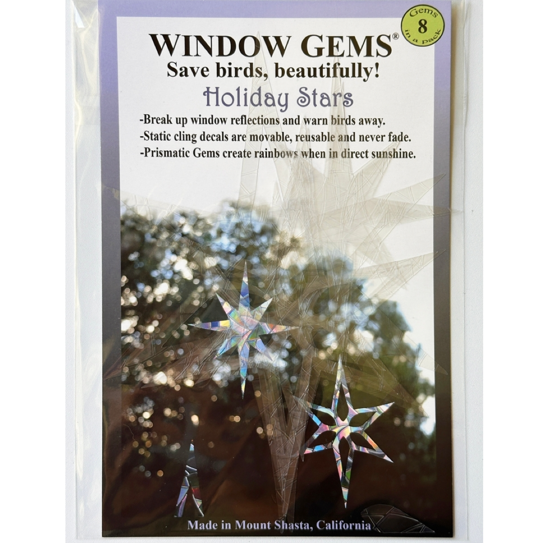 Window Gems 'Holiday Stars' suncatcher stickers in its clear plastic packaging, featuring a white and lavender label with product details and a demonstration photo of iridescent star decals.