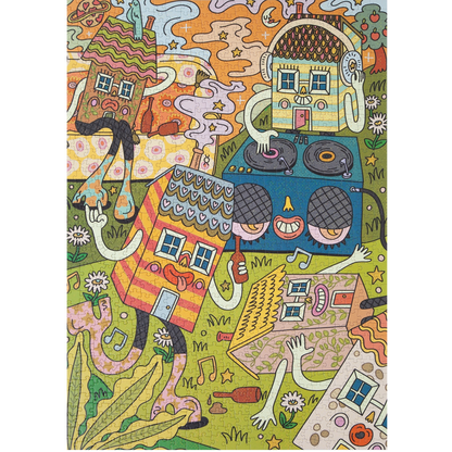 A colorful jigsaw puzzle featuring a whimsical illustration with stylized houses, faces, hands, stars, and abstract shapes in a playful doodle-like style on a green ground.