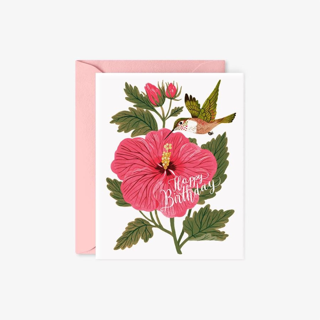 Greeting card with a hibiscus flower and hummingbird on it with text that reads happy birthday 