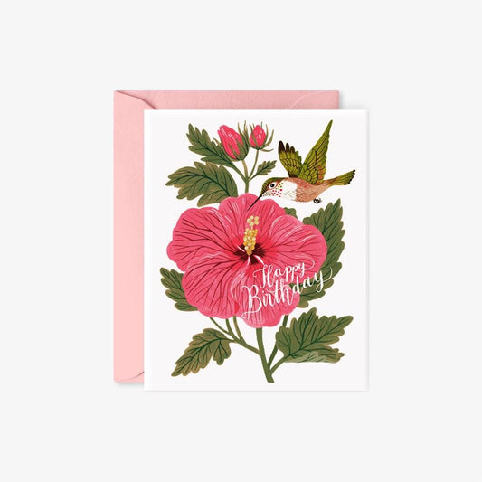 Greeting card with a hibiscus flower and hummingbird on it with text that reads happy birthday 