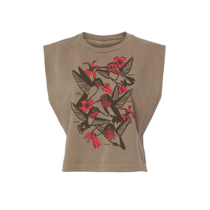 A sleeveless cropped t-shirt in a washed tan/khaki color, featuring a graphic print of hummingbirds and red flowers in black and red.