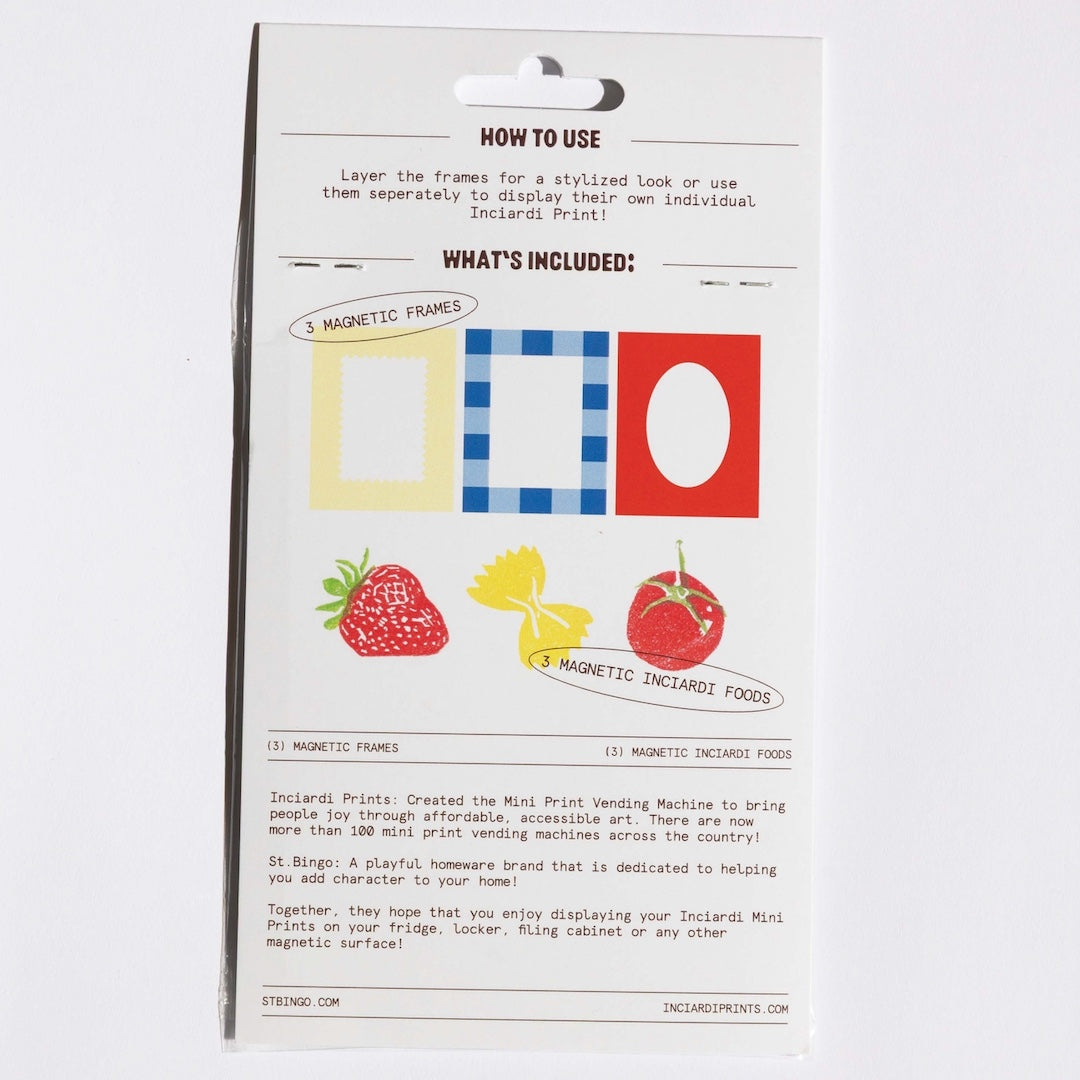 Packaging for magnetic frames and Incardi foods with text on a white background