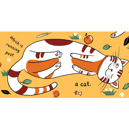 Illustration of a cat running past on a yellow background with text