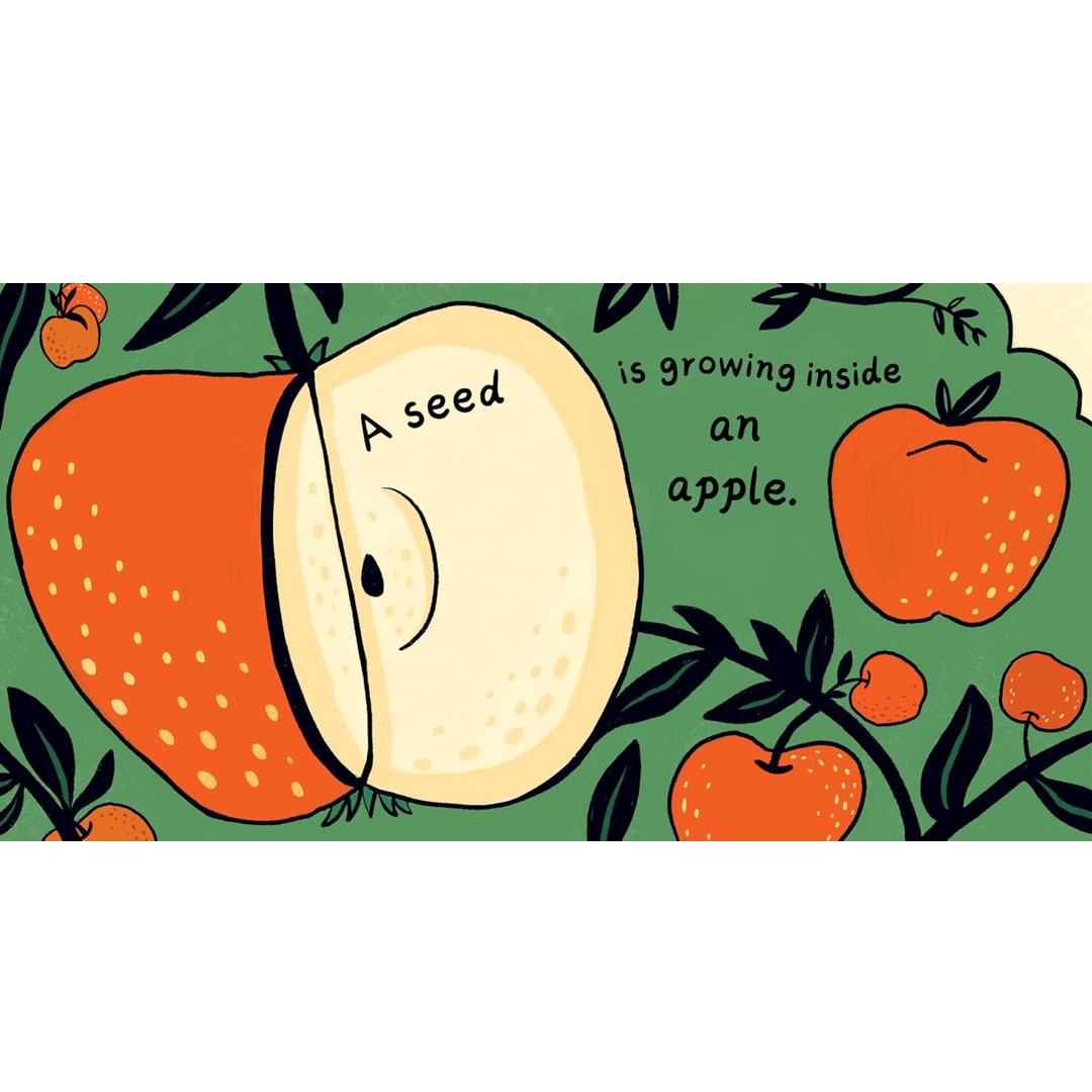Illustration of an apple with a seed and text on a green background