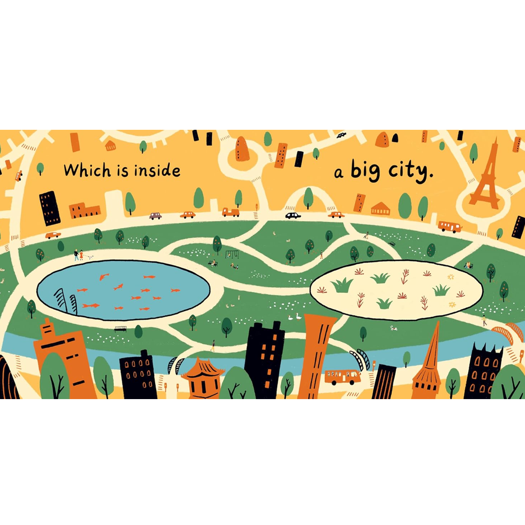 Illustration of a city map with a park and text 'Which is inside a big city.'