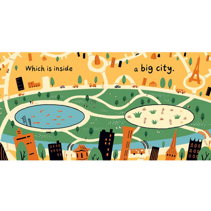 Illustration of a city map with a park and text 'Which is inside a big city.'