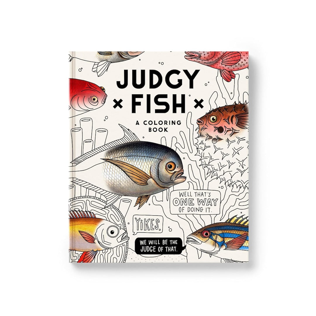 Coloring book titled 'Judgy Fish' with fish illustrations on a white background
