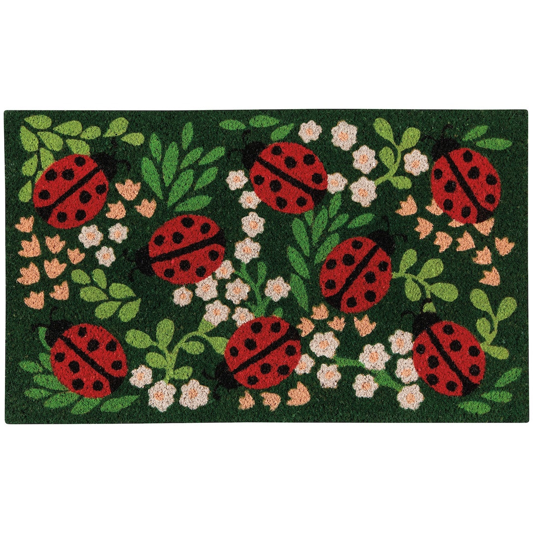 doormat with red ladybugs and green leaves on a dark green background