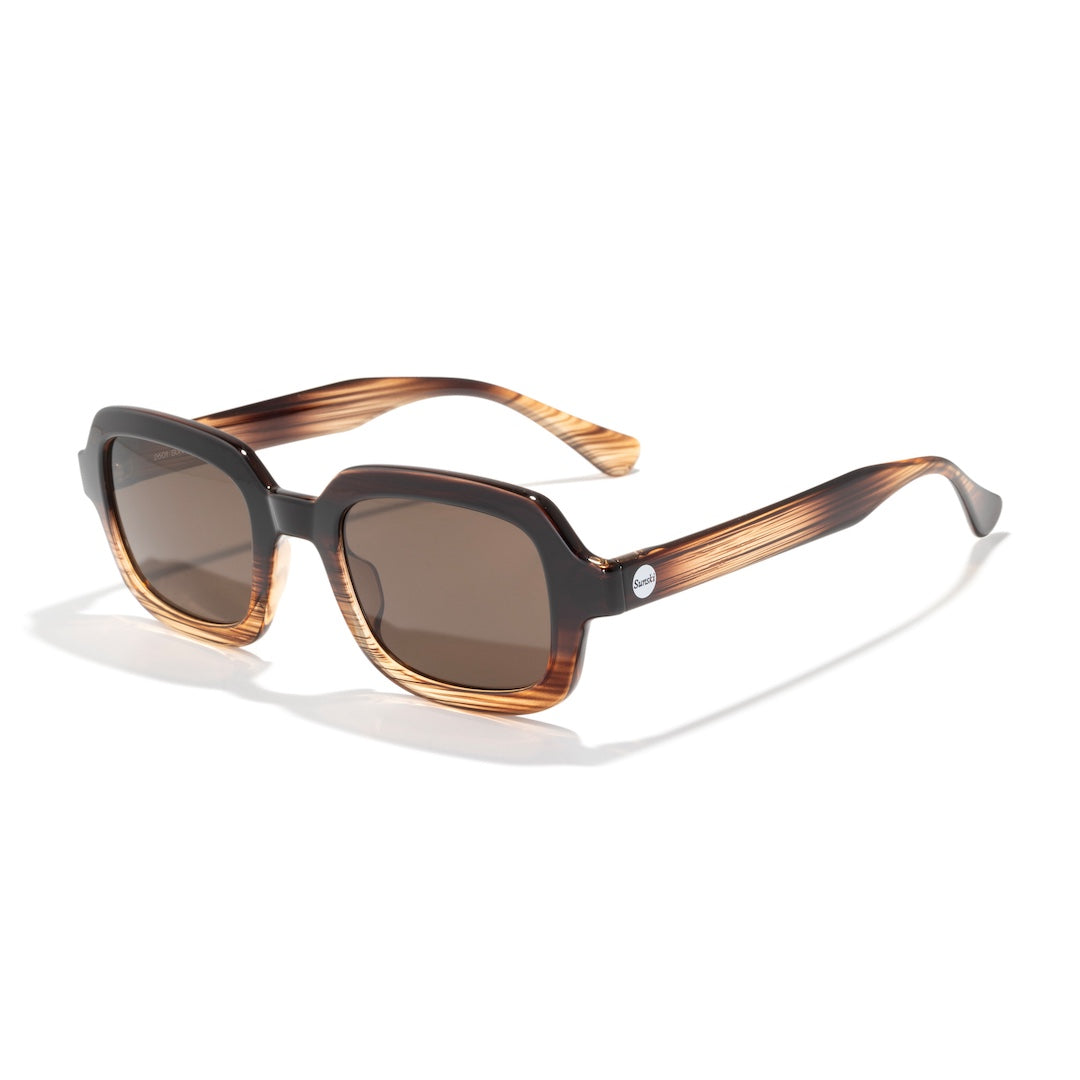 A pair of square sunglasses with a glossy black front frame and brown tortoiseshell temples, featuring brown tinted lenses, shown on a clean white background with a soft shadow.