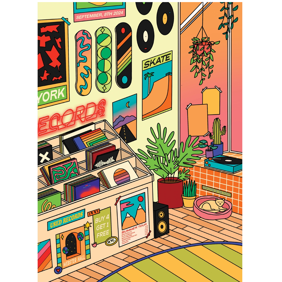 A colorful illustrated room scene with posters, vinyl records, plants, a cat bed, and a striped rug. 