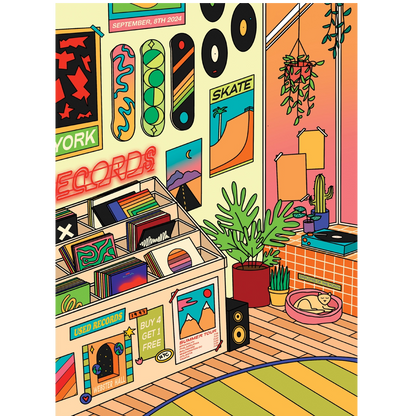 A colorful illustrated room scene with posters, vinyl records, plants, a cat bed, and a striped rug. 