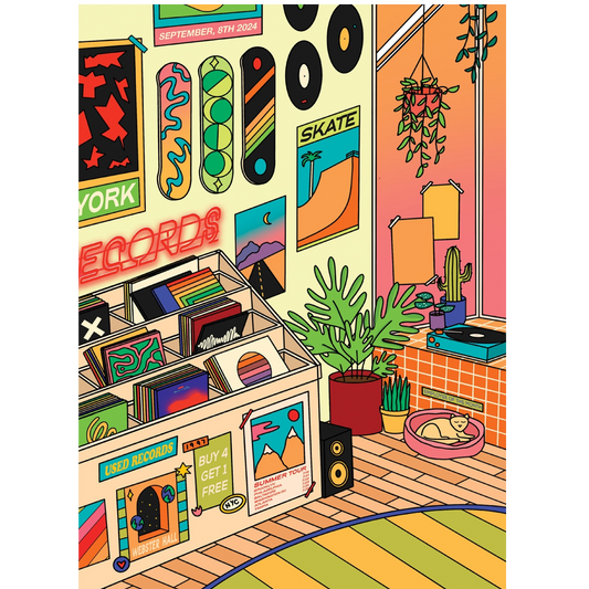 A colorful illustrated room scene with posters, vinyl records, plants, a cat bed, and a striped rug. 