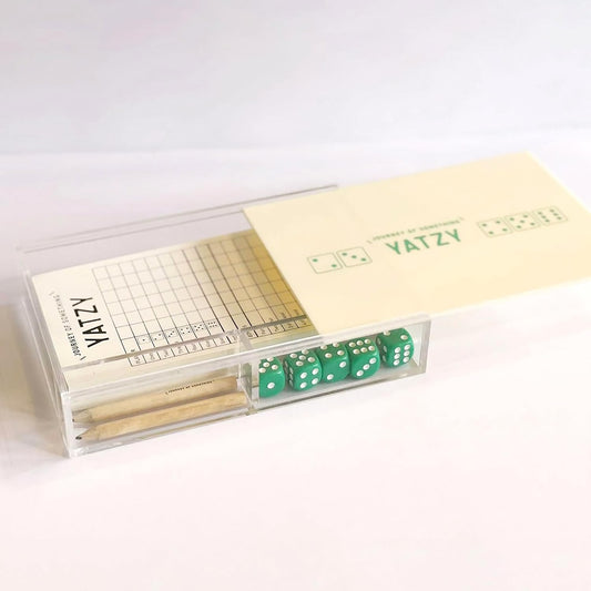 Yatzy game set in a clear box
