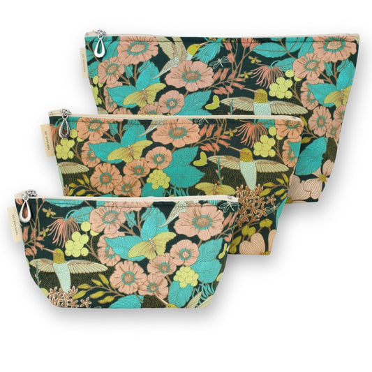 Set of three teal floral-patterned pouches on a white background