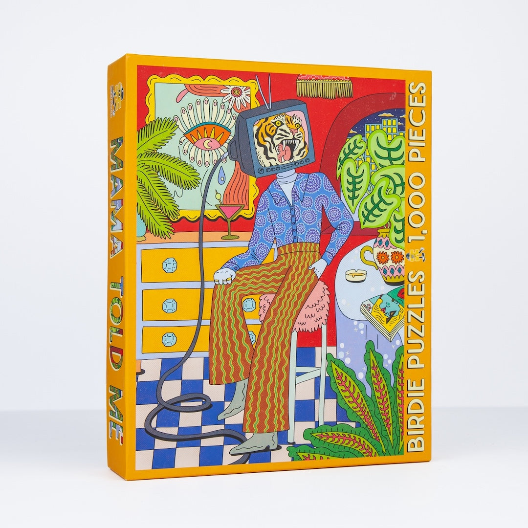 Colorful puzzle box with artistic design on a white background