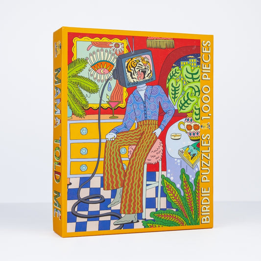Colorful puzzle box with artistic design on a white background