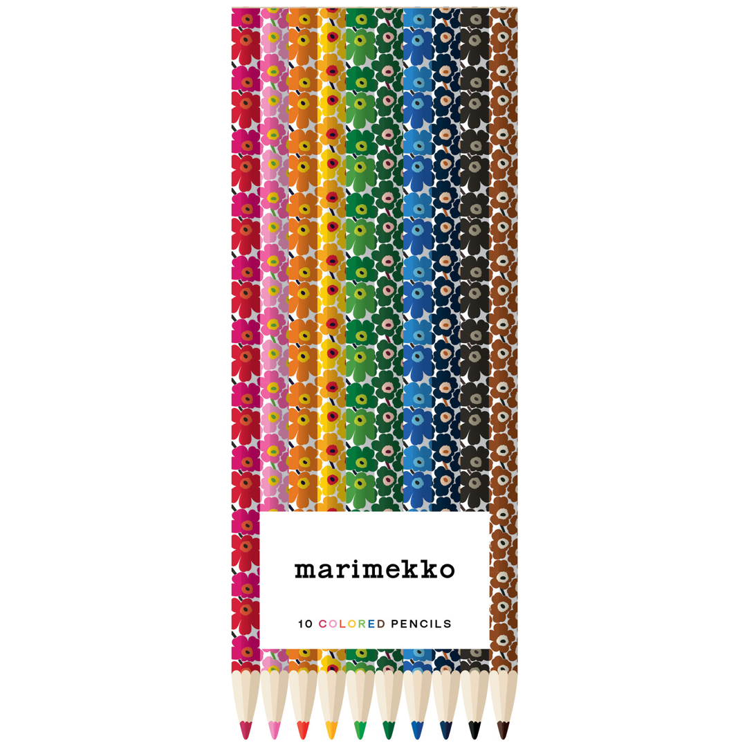 A pack of 10 Marimekko colored pencils arranged vertically in a rainbow gradient, featuring a white label with black text and the brand name 'marimekko' at the bottom.