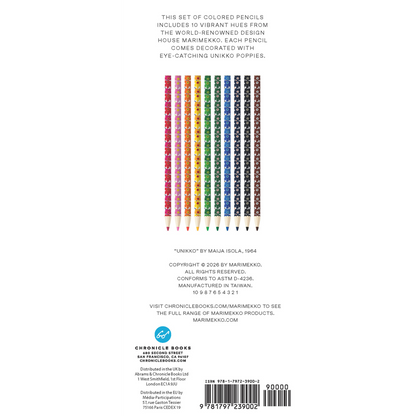 Back cover of a coloring pencil set featuring ten colorful pencils with Japanese patterns, a barcode, and product details on a white background.