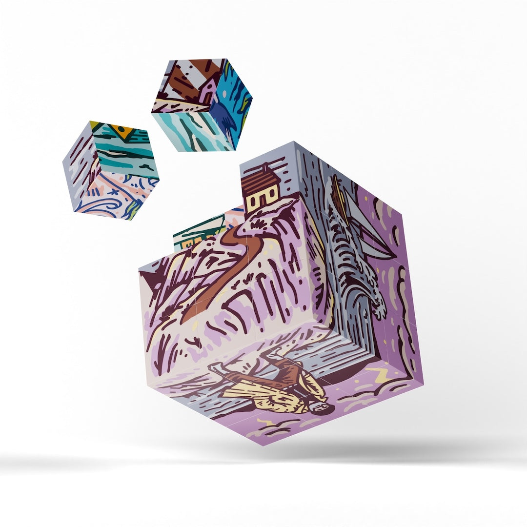 Three 3D cube-like blocks with abstract illustrated patterns float against a light gray studio background. The largest cube is lavender and purple with brown, cream, and yellow linework; the two smaller cubes are multicolored with blue, teal, pink, and white patterns.