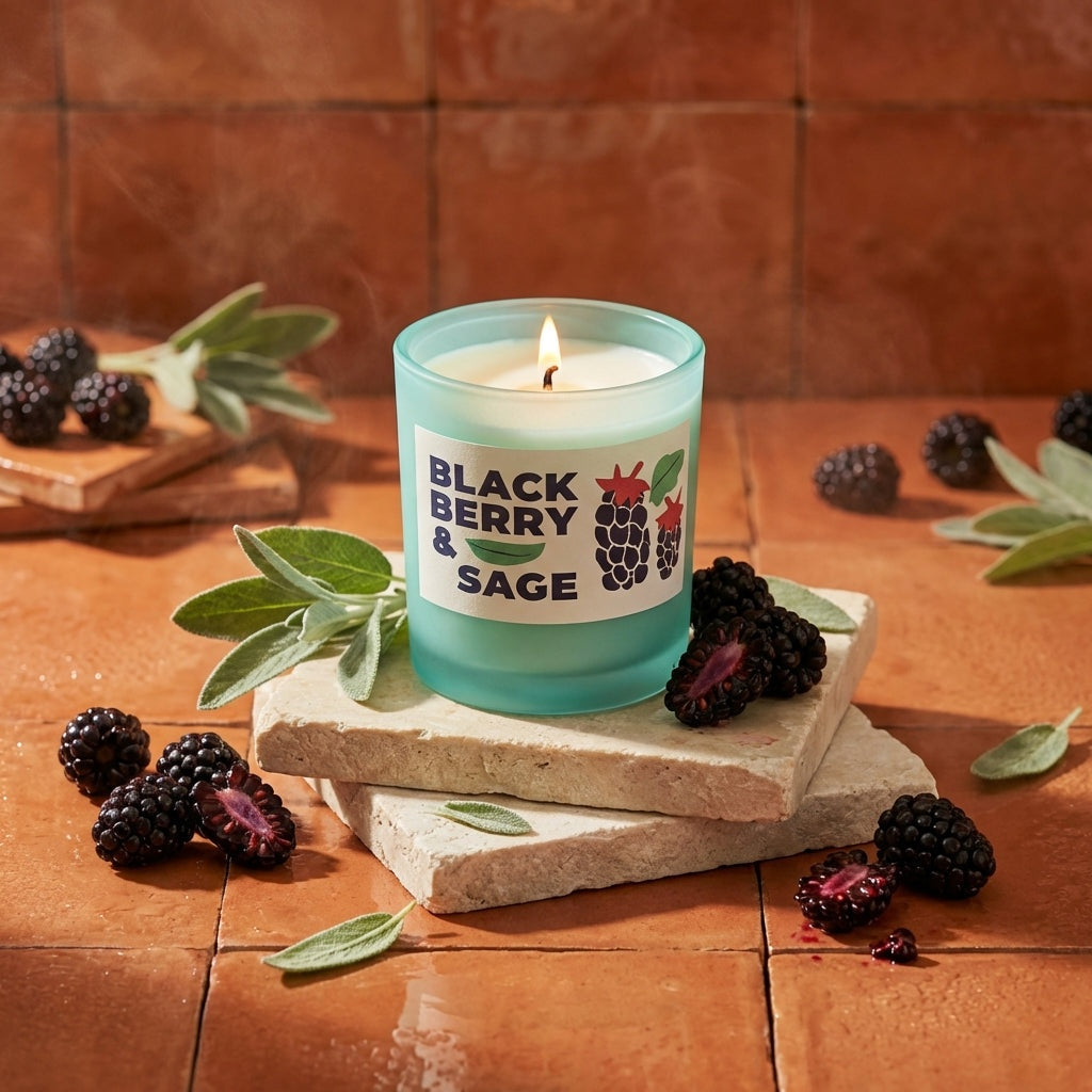 Candle in a glass vessel labeled 'Black Berry & Sage' surrounded by blackberries and sage leaves on a wooden surface.