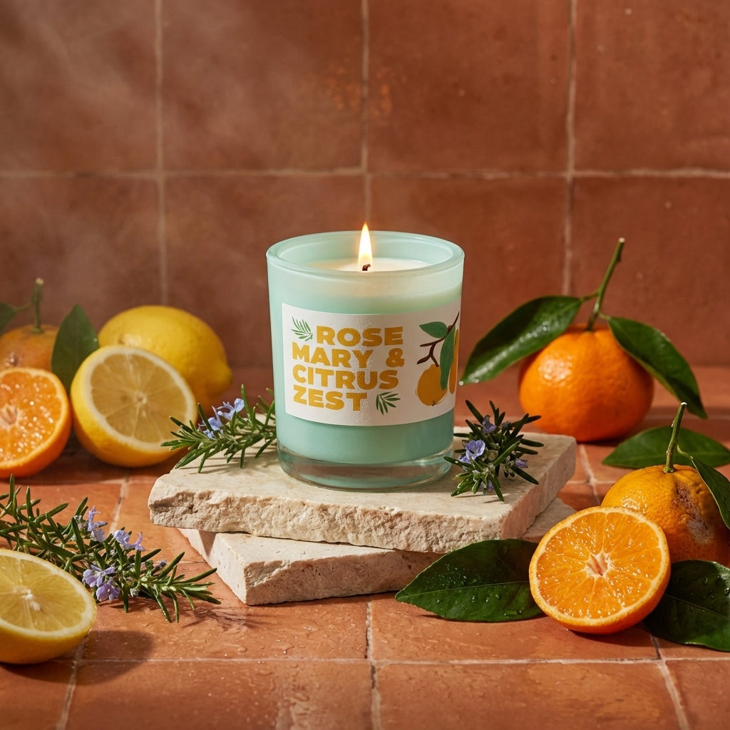 Candle in a glass vessel labeled 'Rosemary & Citrus Zest' surrounded by citrus fruits and herbs on a stone surface.
