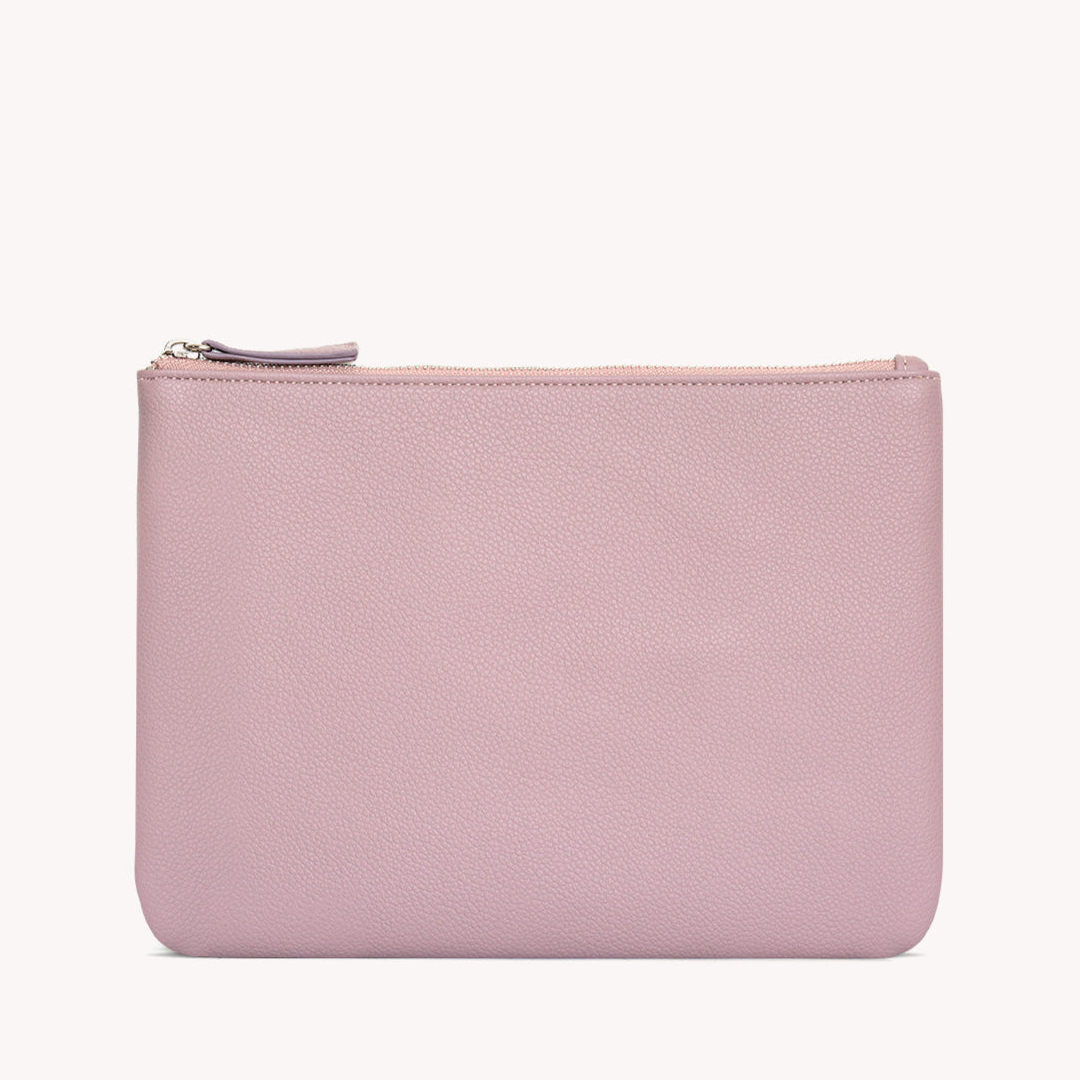 mauve vegan leather zipper pouch on a white background