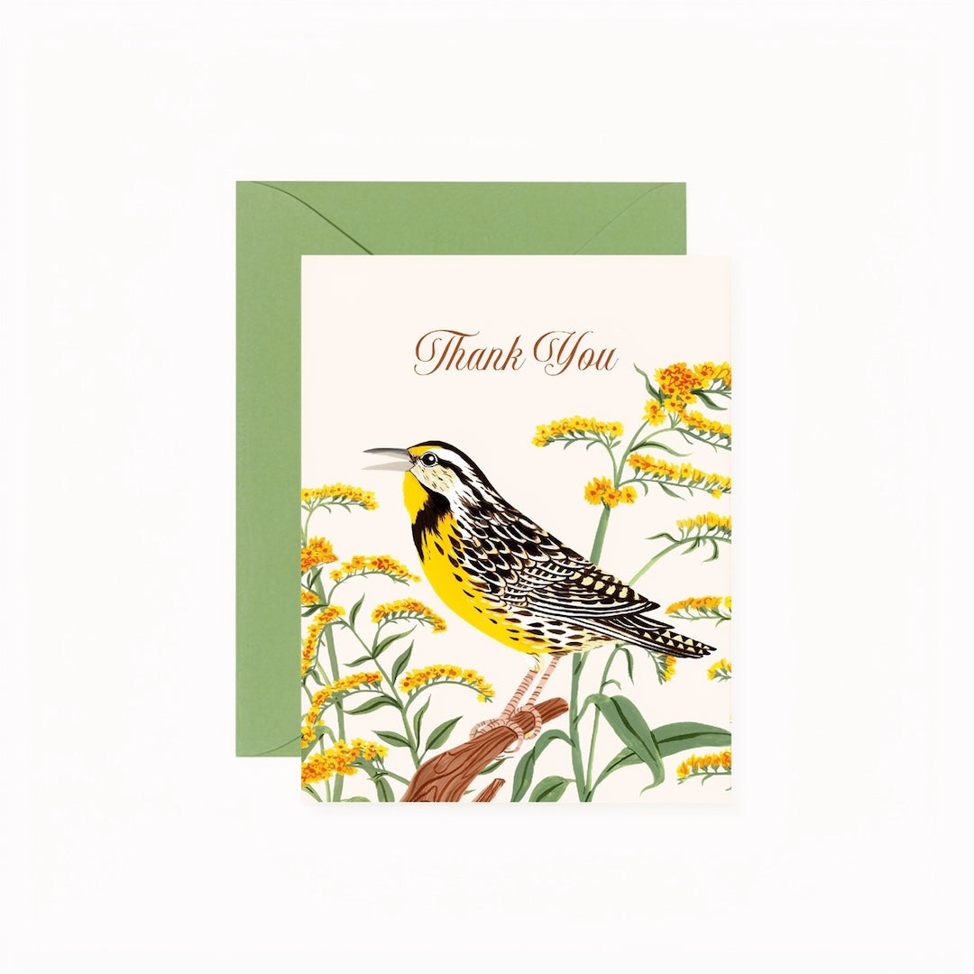 A square thank-you card with a green envelope behind it, featuring an illustration of a yellow, black, and white bird perched among small yellow flowers on an off-white background, with the words 'Thank You' in brown script at the top.