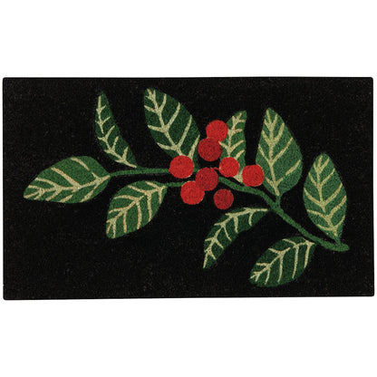A rectangular black doormat featuring a raised green holly leaf and branch design with red berries, shown against a plain white background.