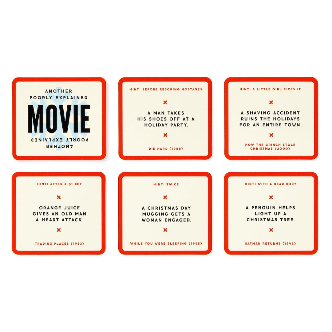 Six square cards arranged in a 2x3 grid on a white background. Each card has a red border, a cream center, and black text with a small red X accent.