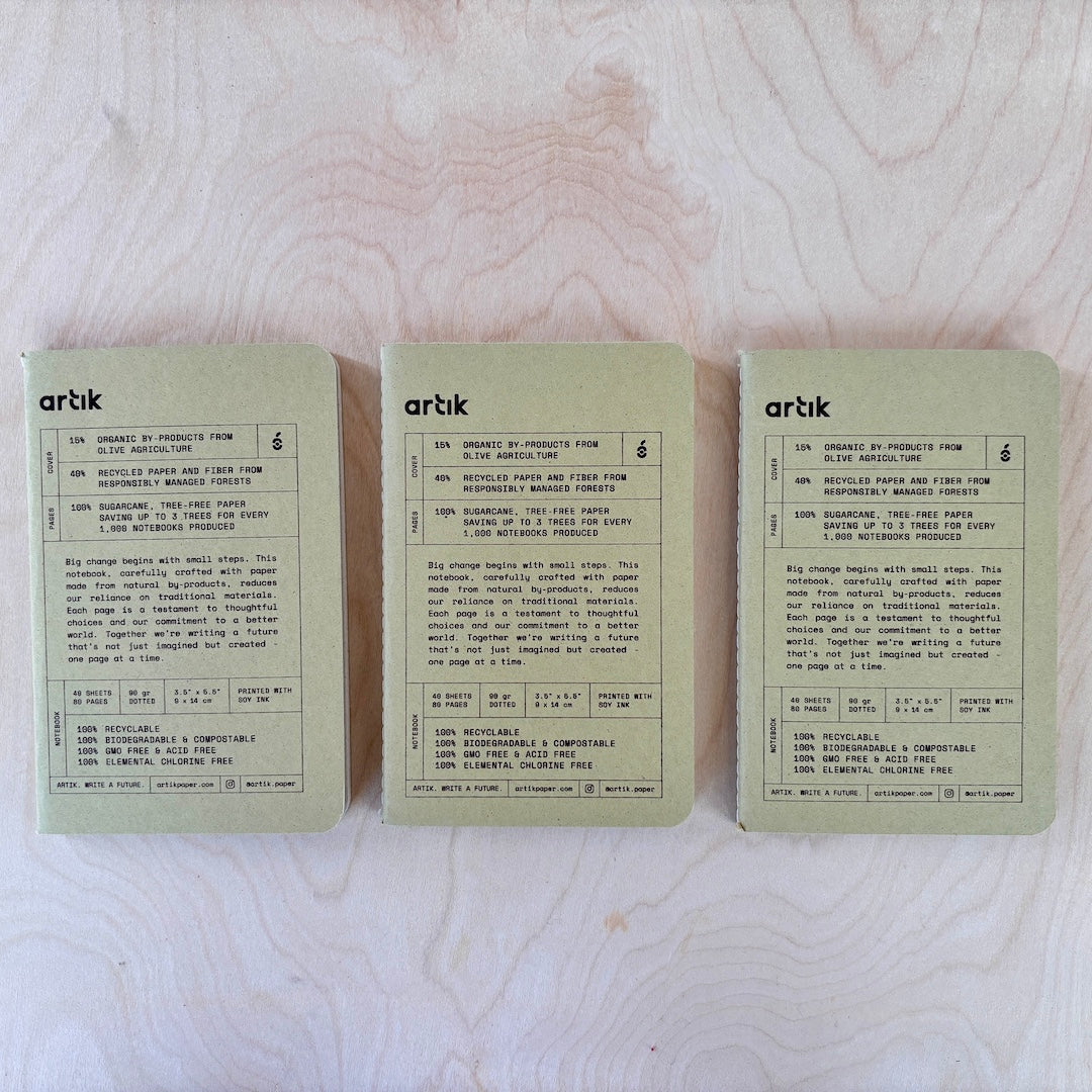 Three olive green notebooks with 'artik' branding on a wooden surface