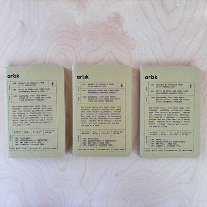 Three olive green notebooks with 'artik' branding on a wooden surface