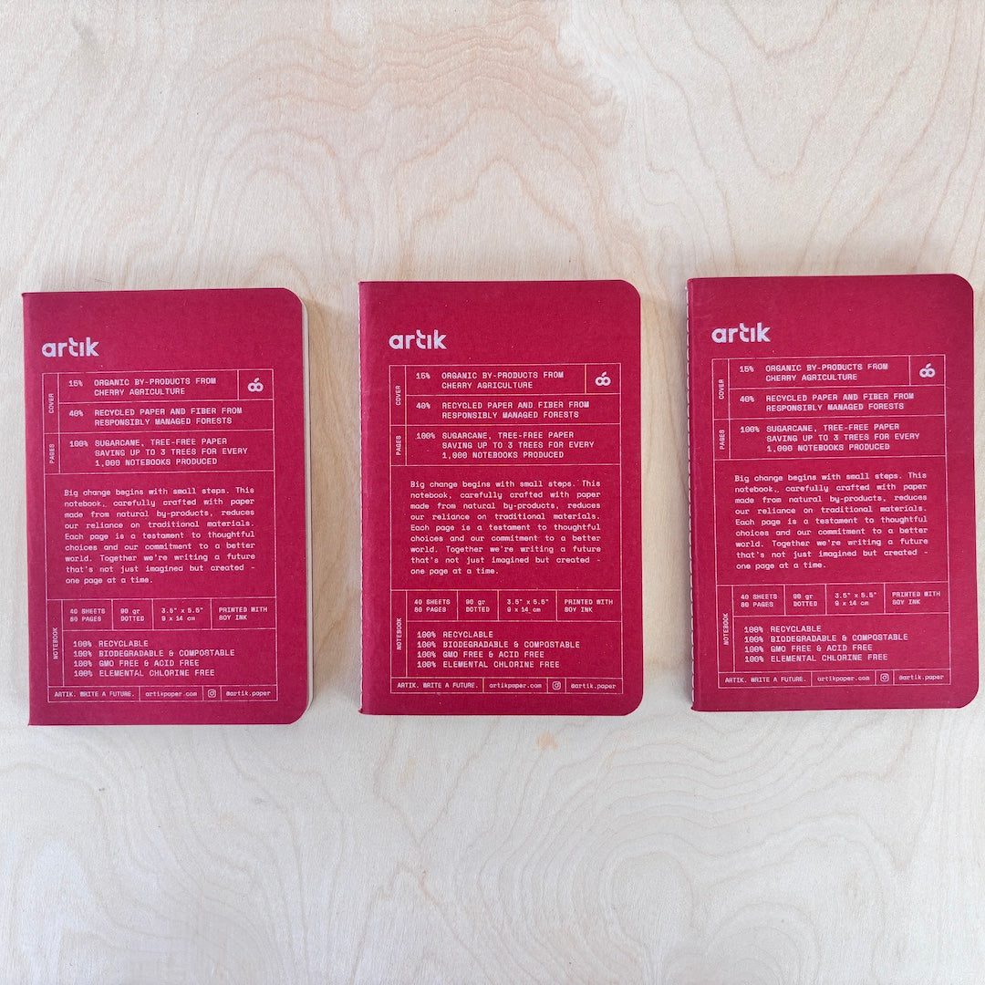 Three red notebooks with 'artik' branding on a white textured surface