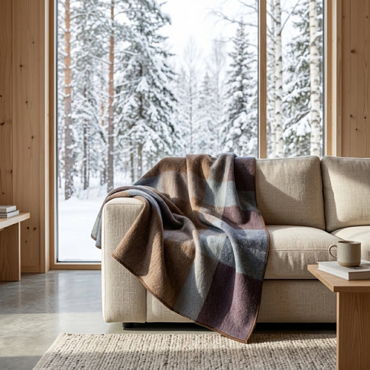 A cozy beige sofa in a modern wood-framed living room, draped with a soft plaid throw blanket in earthy brown, mauve, and slate blue tones, with a snowy forest visible outside the large windows.
