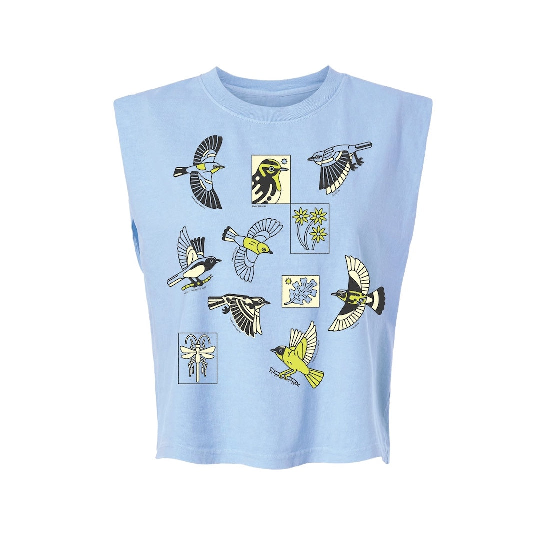 A light blue sleeveless t-shirt with a graphic print of warbler birds and flowers in yellow, black, and white, displayed on a solid white background.