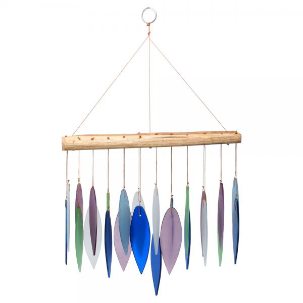 Colorful glass feather shaped wind chime hanging against a white background