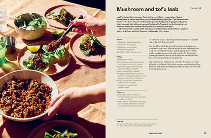 Mushroom and tofu laab dish with a recipe on the side