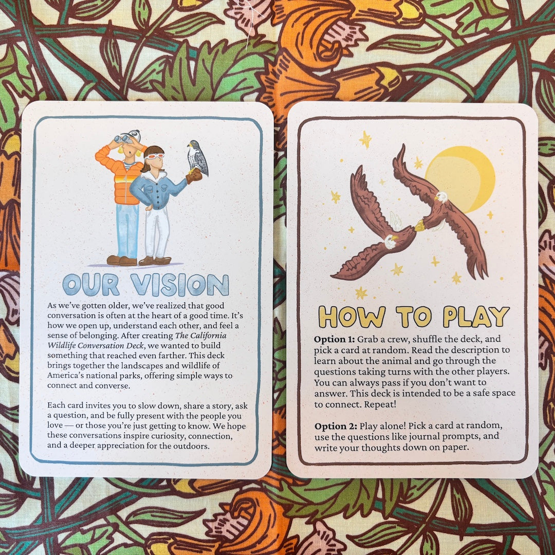 Two printed cards with rounded corners displayed on a colorful illustrated background. The left card is titled 'OUR VISION' with a short text prompt about conversation and connection.