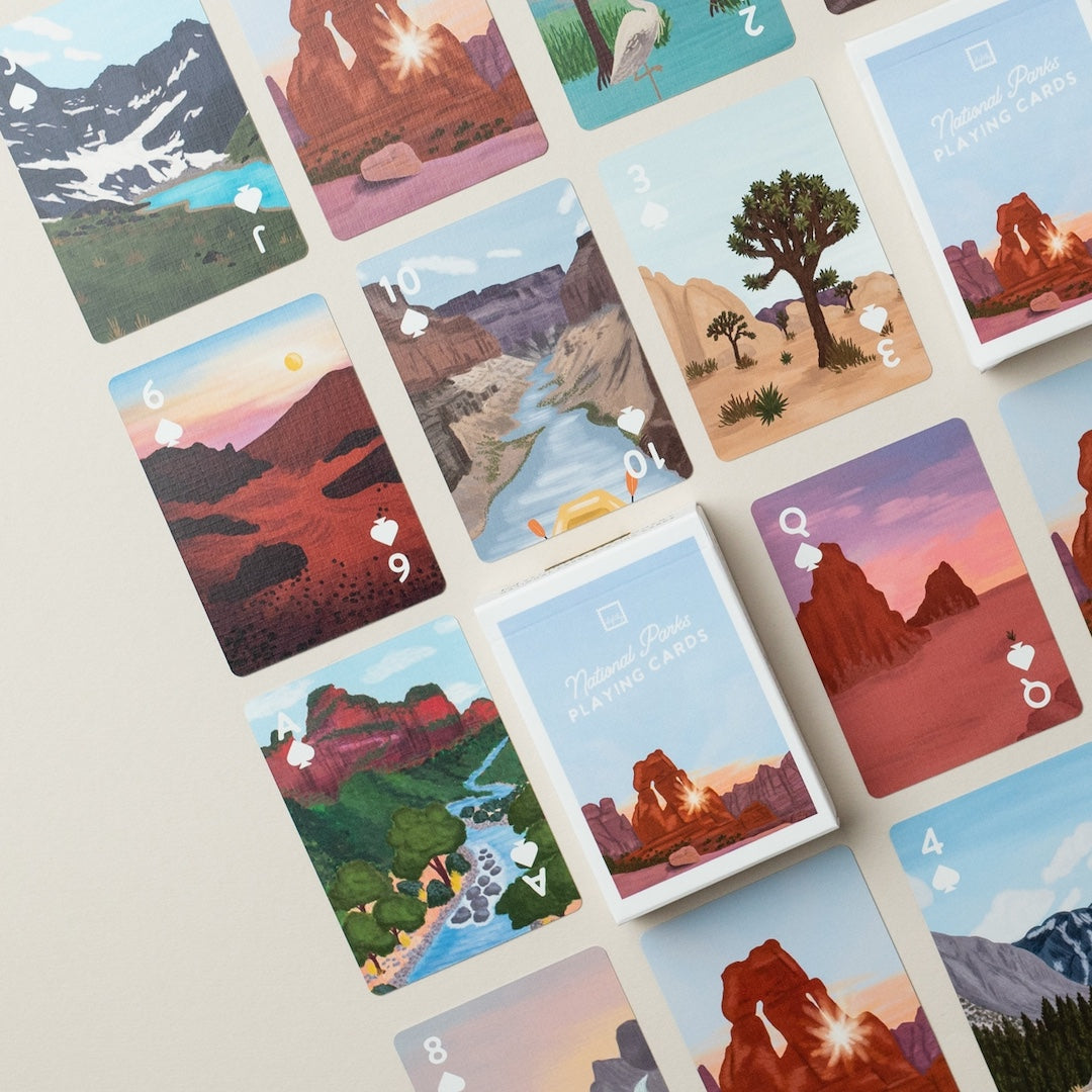 Set of cards with national park illustrations on a light background
