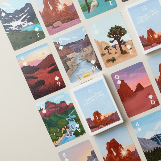 Set of cards with national park illustrations on a light background