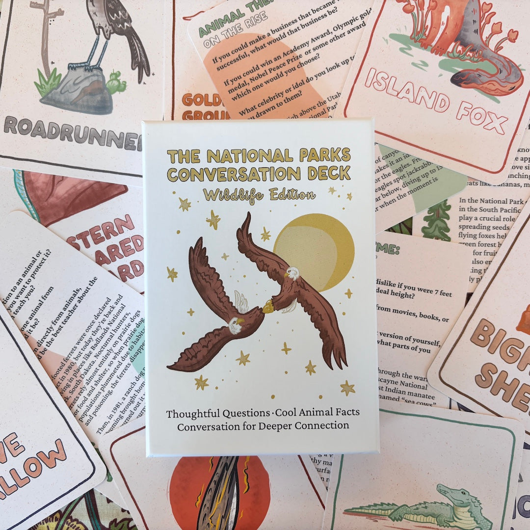 The National Parks Conversation Deck 'Wildlife Edition' card deck box is displayed on top of several illustrated animal-themed cards, photographed from above.