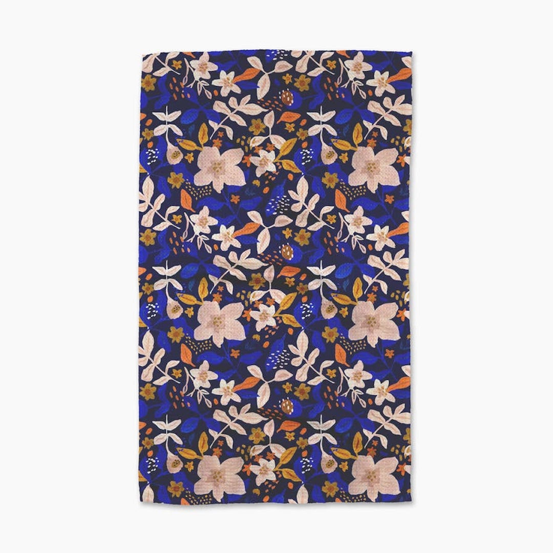 dark dishtowel with pink flowers and leaves and blue birds