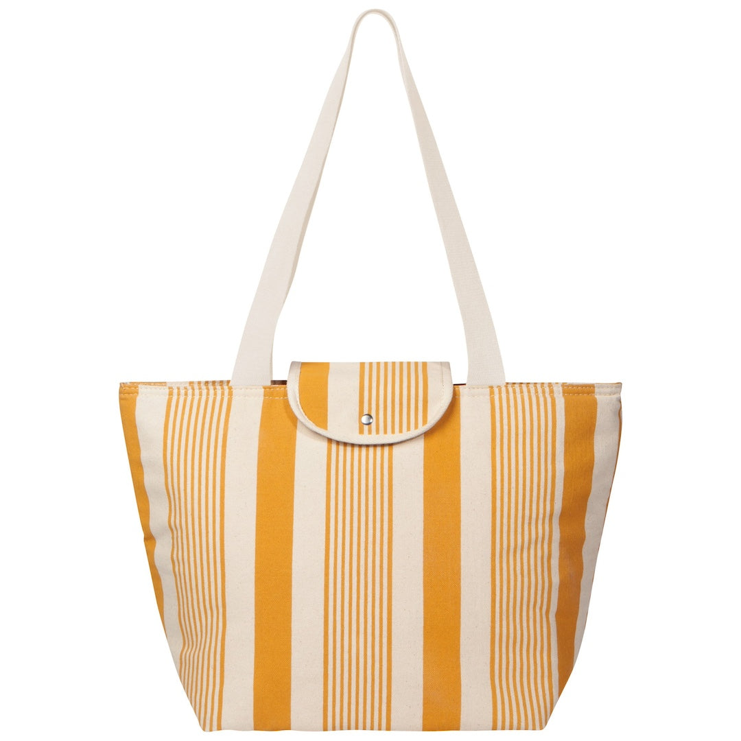 Striped tote bag with yellow and white stripes on a white background