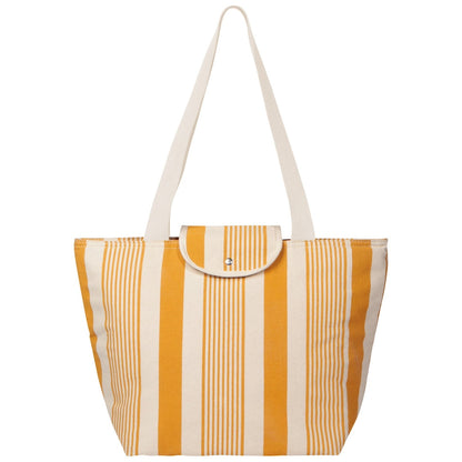 Striped tote bag with yellow and white stripes on a white background