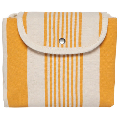 Yellow and white fold up tote that has been folded up and buttoned shut on a white background